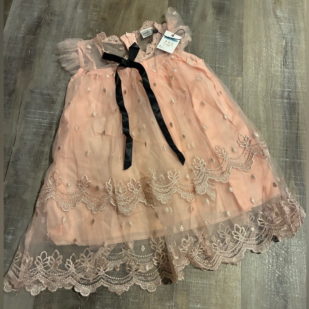 Elegant Peach Lace Dress with Black Ribbon
